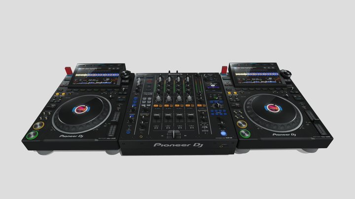 Dos CDJ-3000 y una DJM-A9 vistos desde arriba; los marcadores se concentran en el player izquierdo.